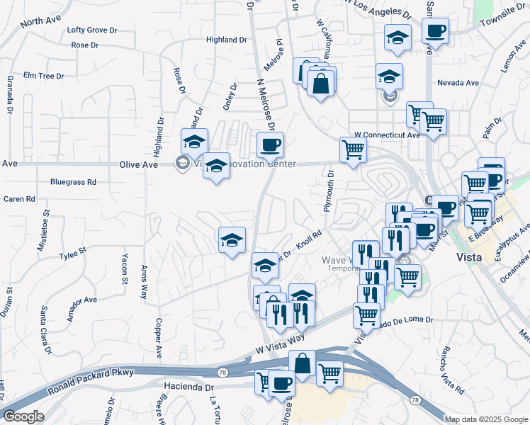 map of restaurants, bars, coffee shops, grocery stores, and more near 371 North Melrose Drive in Vista
