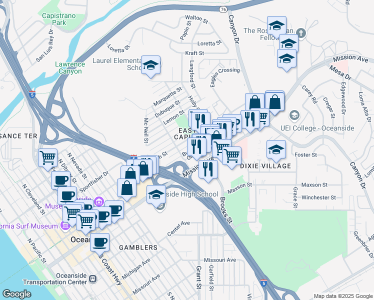 map of restaurants, bars, coffee shops, grocery stores, and more near 1432 Buena Street in Oceanside