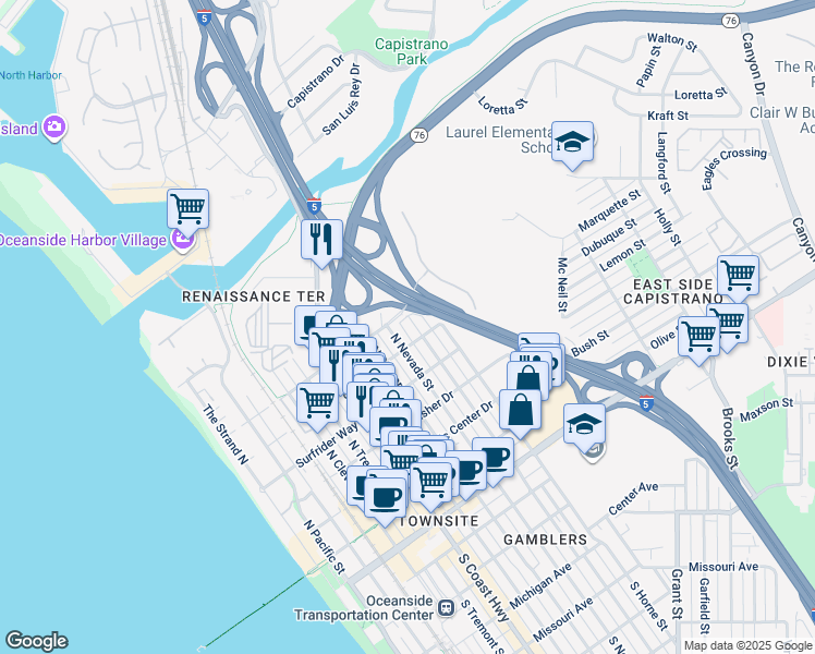 map of restaurants, bars, coffee shops, grocery stores, and more near 717 North Clementine Street in Oceanside