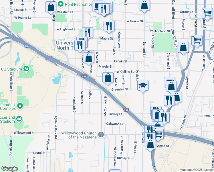 map of restaurants, bars, coffee shops, grocery stores, and more near 1200 McCormick Street in Denton