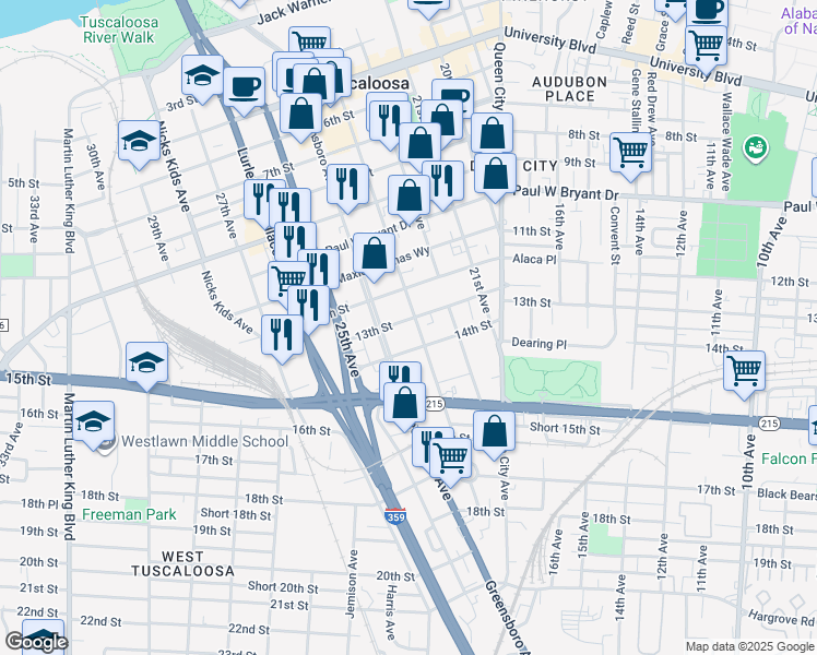 map of restaurants, bars, coffee shops, grocery stores, and more near 2303 13th Street in Tuscaloosa