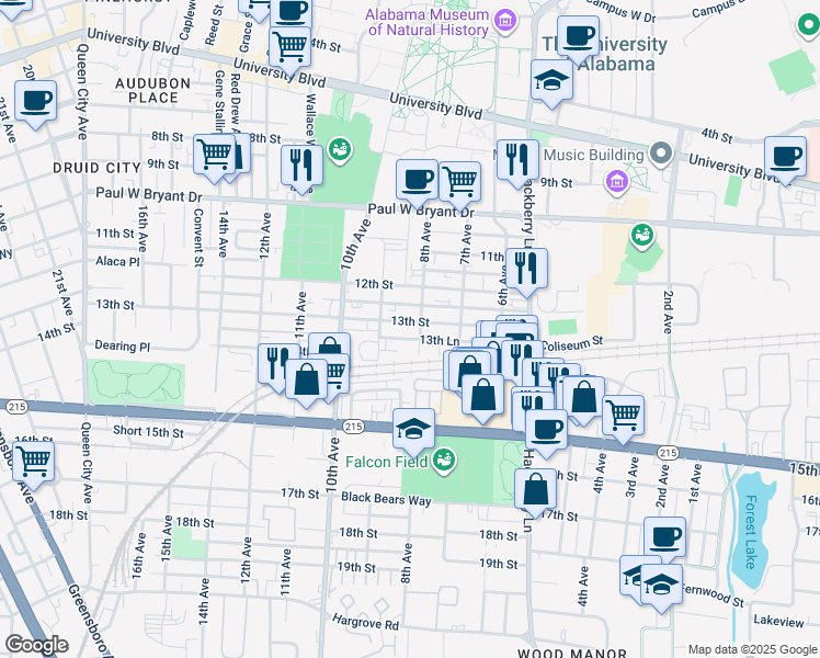 map of restaurants, bars, coffee shops, grocery stores, and more near 811 13th Street in Tuscaloosa