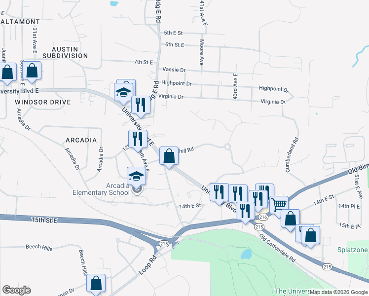 map of restaurants, bars, coffee shops, grocery stores, and more near 4000 Brookhill Road in Tuscaloosa