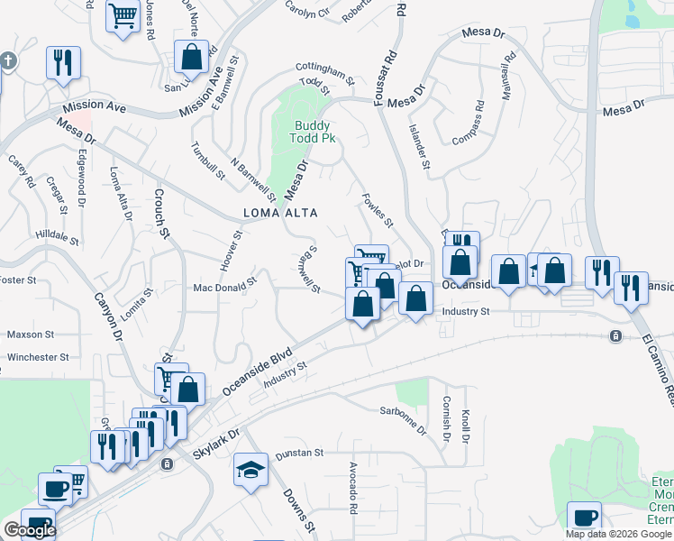 map of restaurants, bars, coffee shops, grocery stores, and more near 2615 Lancelot Drive in Oceanside