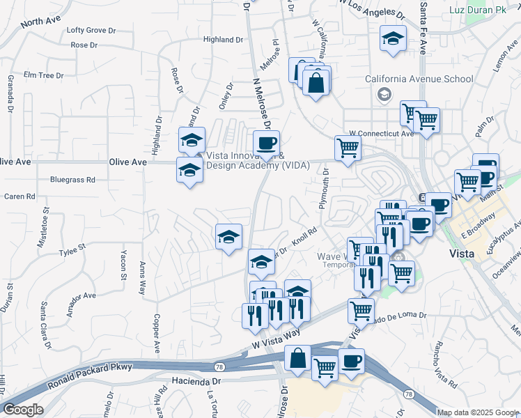 map of restaurants, bars, coffee shops, grocery stores, and more near 371 North Melrose Drive in Vista