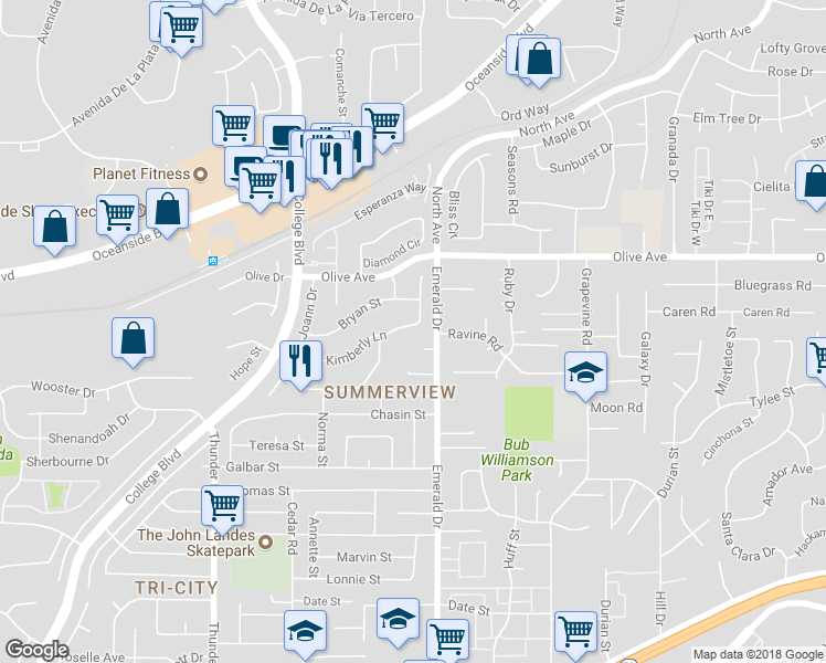 map of restaurants, bars, coffee shops, grocery stores, and more near 4195 Kimberly Lane in Oceanside