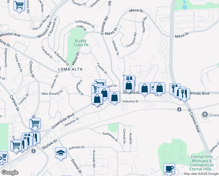 map of restaurants, bars, coffee shops, grocery stores, and more near 2713 Lancelot Drive in Oceanside