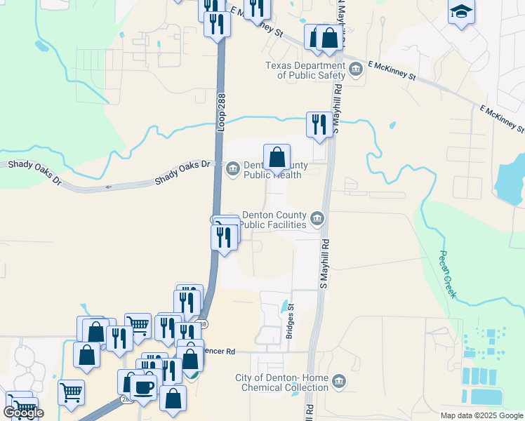 map of restaurants, bars, coffee shops, grocery stores, and more near 721 Kimberly Drive in Denton
