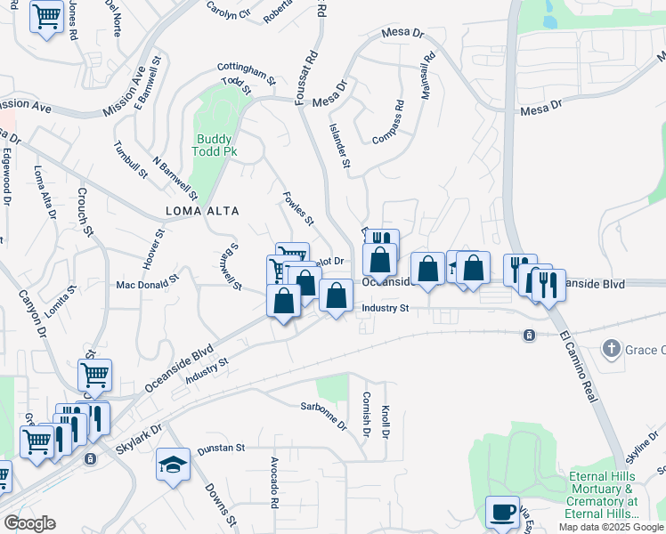 map of restaurants, bars, coffee shops, grocery stores, and more near 2721 Lancelot Drive in Oceanside