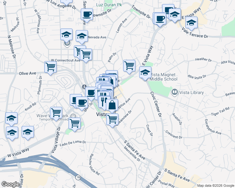 map of restaurants, bars, coffee shops, grocery stores, and more near 110 South Citrus Avenue in Vista