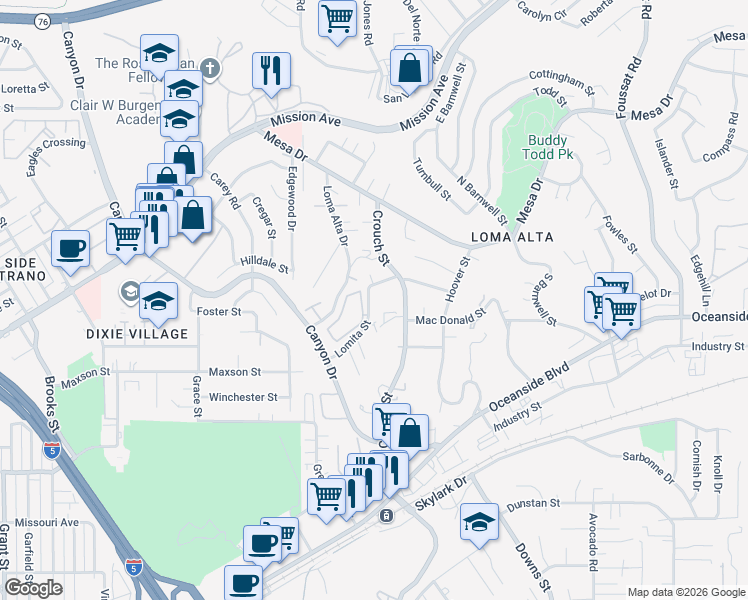 map of restaurants, bars, coffee shops, grocery stores, and more near 2617 Lomita Street in Oceanside