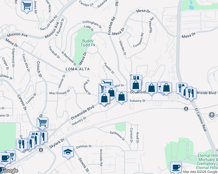 map of restaurants, bars, coffee shops, grocery stores, and more near 2638 Lancelot Drive in Oceanside