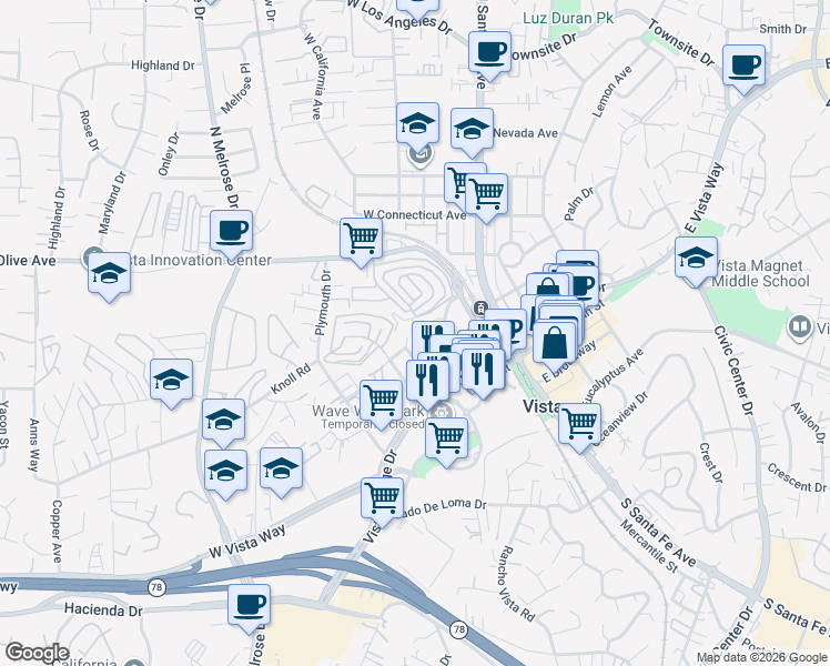 map of restaurants, bars, coffee shops, grocery stores, and more near 162 Terracina Way in Vista
