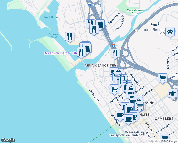 map of restaurants, bars, coffee shops, grocery stores, and more near 999 North Pacific Street in Oceanside