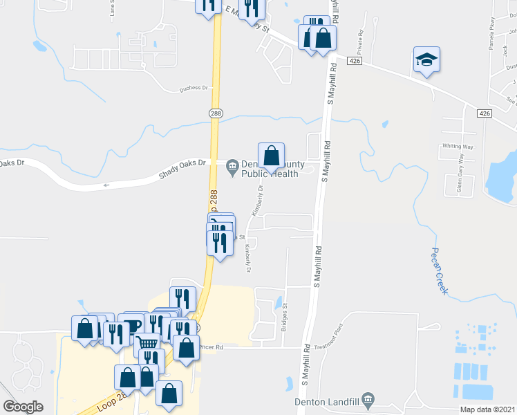map of restaurants, bars, coffee shops, grocery stores, and more near 721 Kimberly Drive in Denton