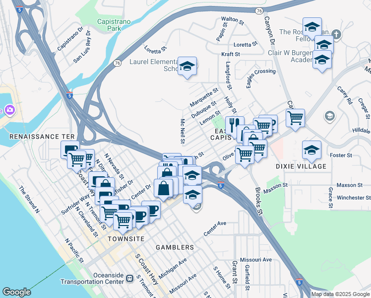 map of restaurants, bars, coffee shops, grocery stores, and more near 1301 Higgins Street in Oceanside