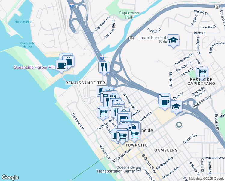 map of restaurants, bars, coffee shops, grocery stores, and more near 888 North Coast Highway in Oceanside