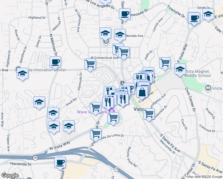 map of restaurants, bars, coffee shops, grocery stores, and more near 223 Goetting Way in Vista