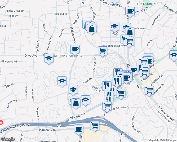 map of restaurants, bars, coffee shops, grocery stores, and more near 432 Ferrara Way in Vista