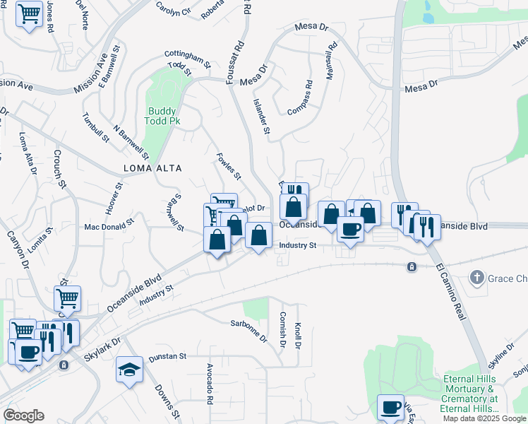 map of restaurants, bars, coffee shops, grocery stores, and more near 2721 Lancelot Drive in Oceanside