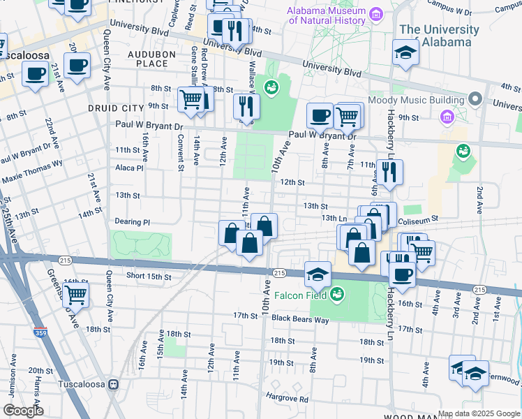 map of restaurants, bars, coffee shops, grocery stores, and more near 1001 13th Street in Tuscaloosa