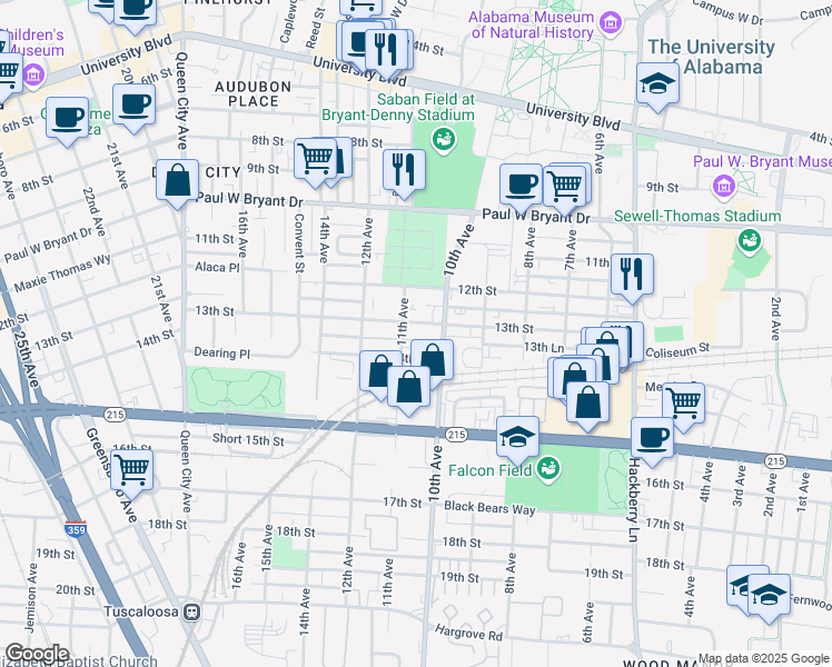 map of restaurants, bars, coffee shops, grocery stores, and more near 1308 11th Avenue in Tuscaloosa