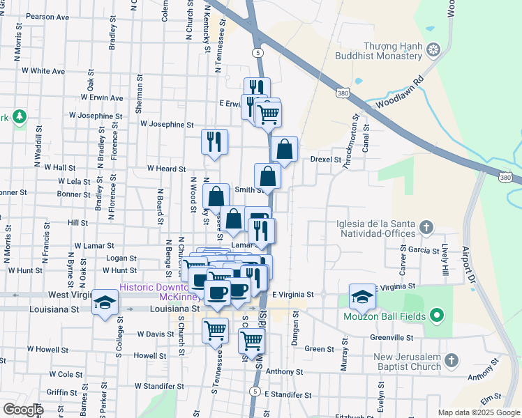 map of restaurants, bars, coffee shops, grocery stores, and more near 315 Watt Street in McKinney