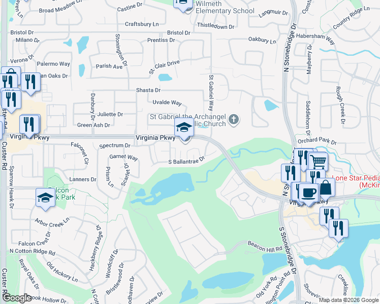 map of restaurants, bars, coffee shops, grocery stores, and more near 100 Turnberry Circle in McKinney