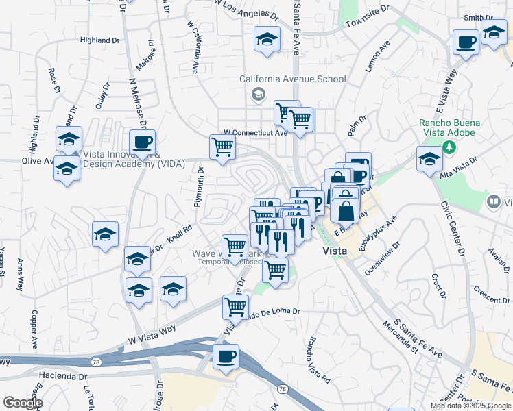 map of restaurants, bars, coffee shops, grocery stores, and more near 162 Terracina Way in Vista