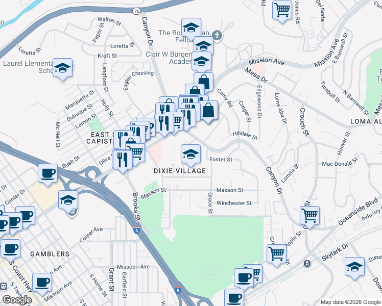 map of restaurants, bars, coffee shops, grocery stores, and more near 149 Canyon Drive in Oceanside