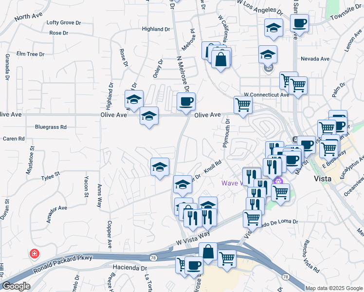 map of restaurants, bars, coffee shops, grocery stores, and more near 345 Melrose Drive in Vista