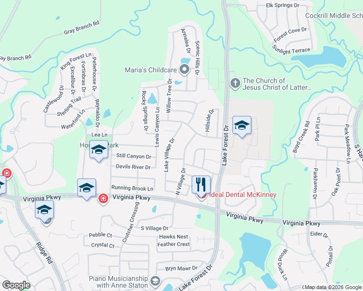 map of restaurants, bars, coffee shops, grocery stores, and more near 401 North Village Drive in McKinney