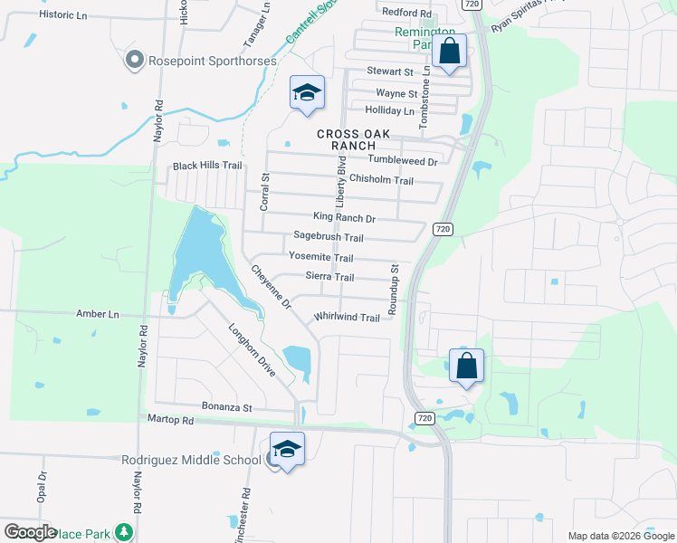map of restaurants, bars, coffee shops, grocery stores, and more near 8745 Sierra Trail in Cross Roads