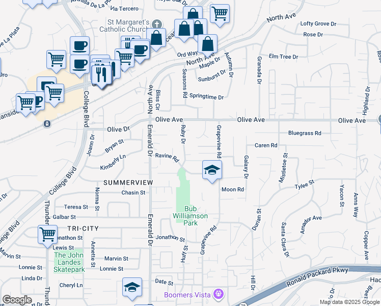 map of restaurants, bars, coffee shops, grocery stores, and more near 891 Ruby Drive in Vista