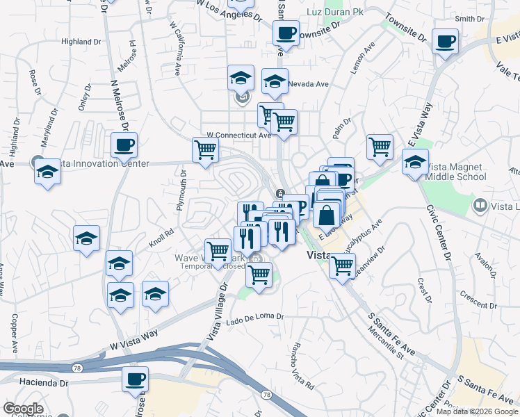 map of restaurants, bars, coffee shops, grocery stores, and more near 223 Goetting Way in Vista