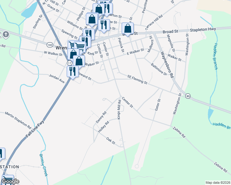 map of restaurants, bars, coffee shops, grocery stores, and more near 410 Center Street in Wrens