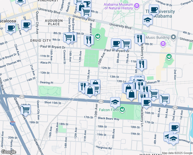 map of restaurants, bars, coffee shops, grocery stores, and more near 1001 13th Street in Tuscaloosa