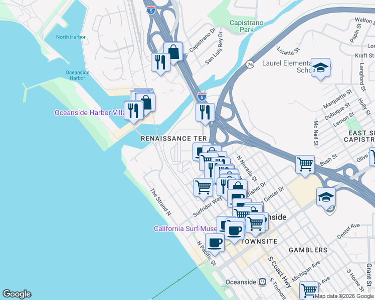 map of restaurants, bars, coffee shops, grocery stores, and more near 900 North Cleveland Street in Oceanside