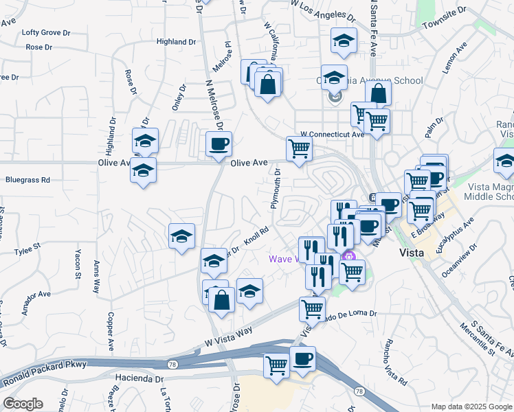 map of restaurants, bars, coffee shops, grocery stores, and more near 432 Ferrara Way in Vista
