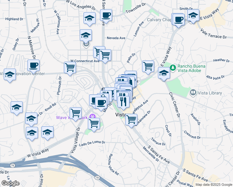 map of restaurants, bars, coffee shops, grocery stores, and more near 68 Vista Village Drive in Vista