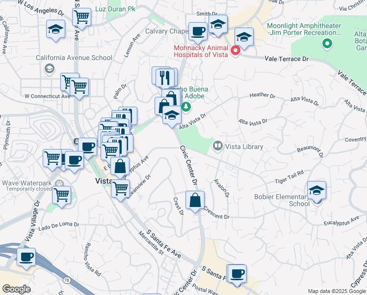 map of restaurants, bars, coffee shops, grocery stores, and more near 600 Eucalyptus Avenue in Vista