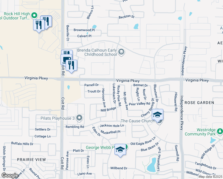map of restaurants, bars, coffee shops, grocery stores, and more near 201 Rustic Oak Lane in McKinney
