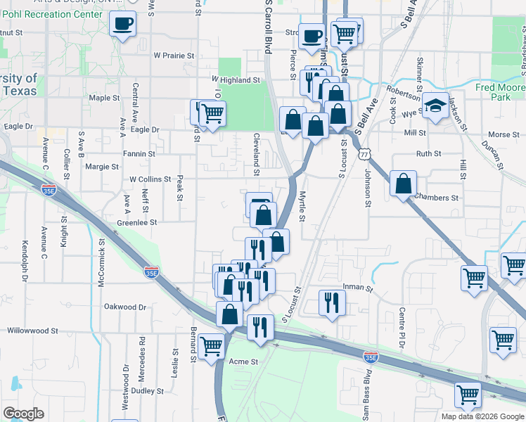 map of restaurants, bars, coffee shops, grocery stores, and more near 1201 Cleveland Street in Denton