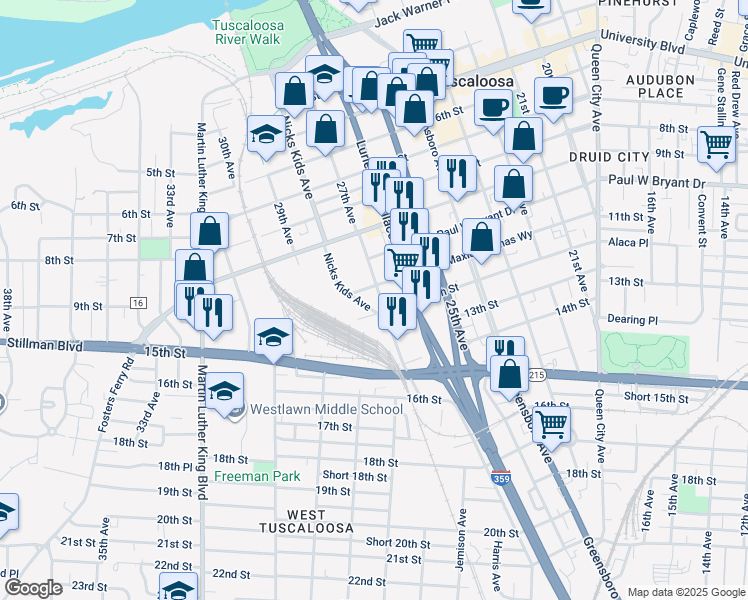 map of restaurants, bars, coffee shops, grocery stores, and more near 1114 T.Y. Rogers Junior Avenue in Tuscaloosa