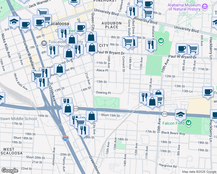 map of restaurants, bars, coffee shops, grocery stores, and more near 1311 Shady Lane in Tuscaloosa