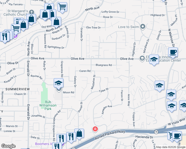 map of restaurants, bars, coffee shops, grocery stores, and more near 620 Mistletoe Street in Vista