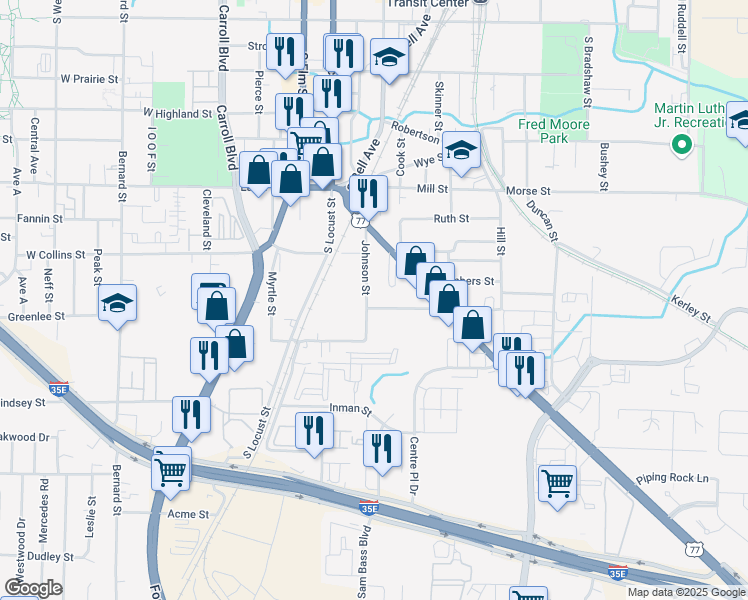 map of restaurants, bars, coffee shops, grocery stores, and more near 1213 Johnson Street in Denton