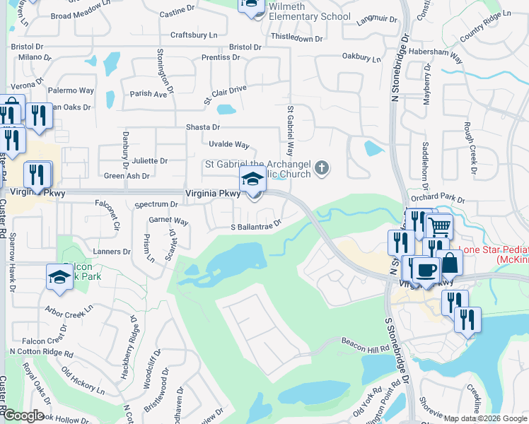 map of restaurants, bars, coffee shops, grocery stores, and more near 100 Turnberry Circle in McKinney