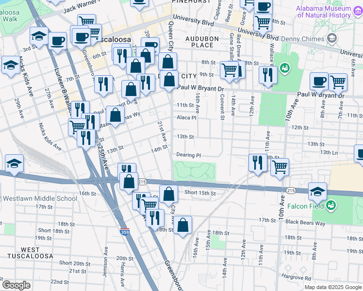 map of restaurants, bars, coffee shops, grocery stores, and more near 1308 17th Avenue in Tuscaloosa
