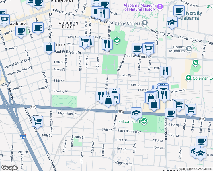 map of restaurants, bars, coffee shops, grocery stores, and more near 1308 11th Avenue in Tuscaloosa